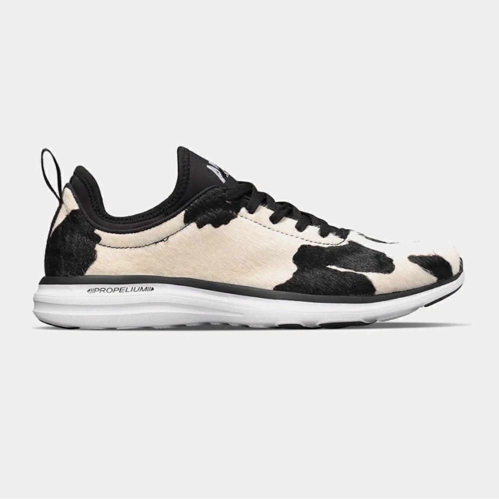 APL Iconic and White Calf Hair Sneakers with Cow Print Design, Size 7. NIB!